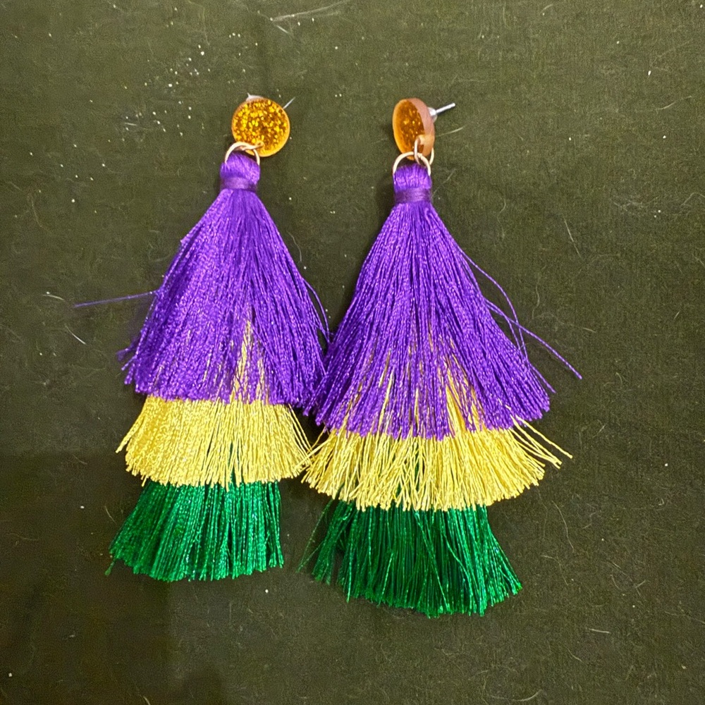 Purple, Yellow, and Green Tassel Earrings